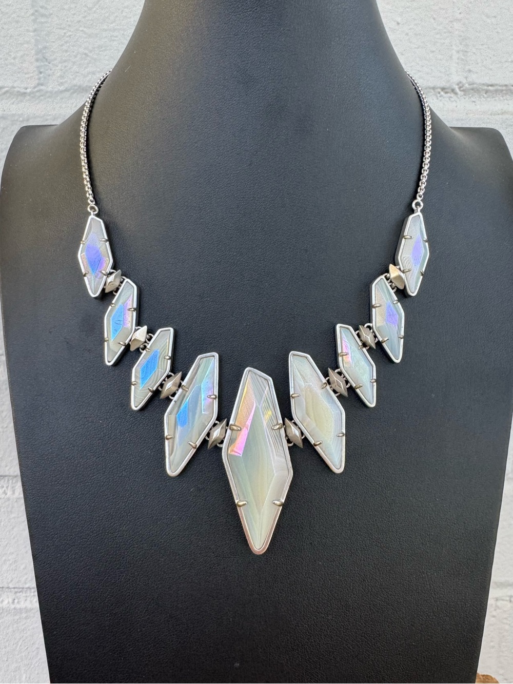 Kendra Scott Berniece Silver & Iridescent White Banded Agate Collar Necklace